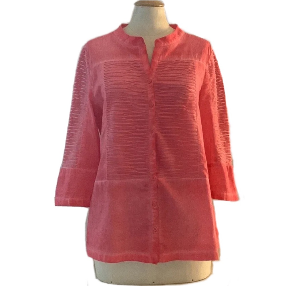 YEST Coral collarless shirt w/3/4 sleeves, intentional fading & contrast texture